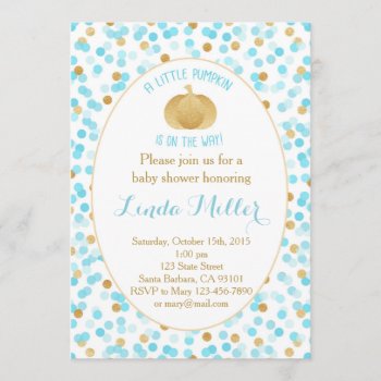 Little Pumpkin On The Way Invitation Blue Gold by Pixabelle at Zazzle