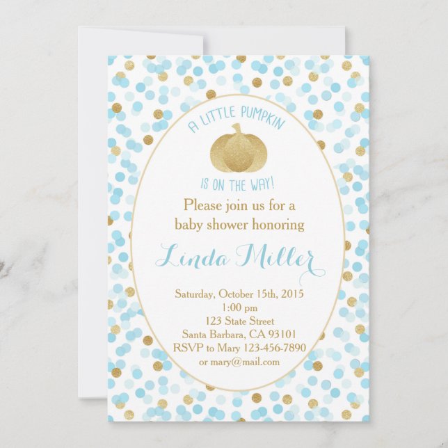 Little Pumpkin on the Way Invitation Blue Gold (Front)