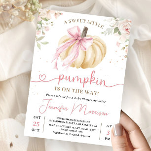 Little Pumpkin on the Way Pink Bow Baby Shower Invitation