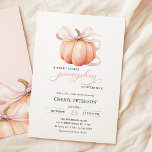 Little Pumpkin on the Way Pink Bow Baby Shower Invitation<br><div class="desc">This elegant and charming baby shower invitation features a beautiful watercolor illustration of a pumpkin with a delicate pink ribbon,  perfect for celebrating the upcoming arrival of a little one in the fall season. 

For the updated version check out the other version of this invitation.</div>