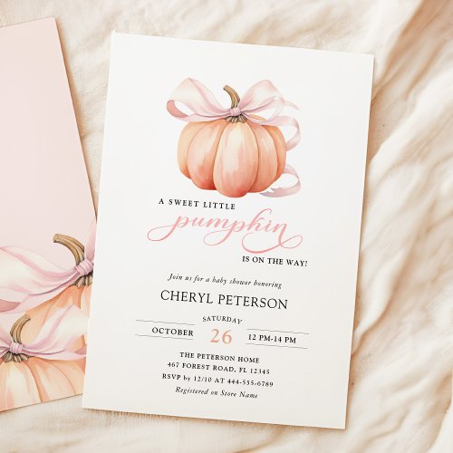 Little Pumpkin on the Way Pink Bow Baby Shower Invitation