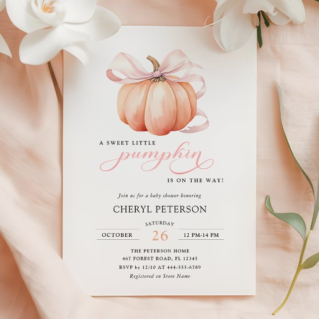 Little Pumpkin on the Way Pink Bow Baby Shower Invitation (Creator Uploaded)