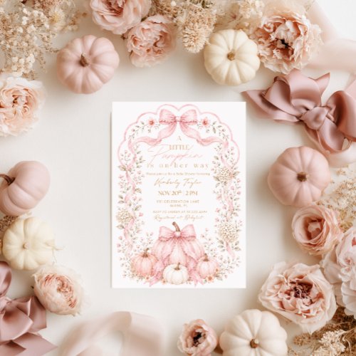 Little Pumpkin on the Way Pink Bow Baby Shower Invitation
