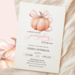 Little Pumpkin on the Way Pink Bow Baby Shower Invitation<br><div class="desc">This elegant and charming baby shower invitation features a beautiful watercolor illustration of a pumpkin with a delicate pink ribbon,  perfect for celebrating the upcoming arrival of a little one in the fall season. 

For the updated version check out the other version of this invitation.</div>