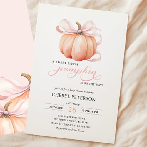 Little Pumpkin on the Way Pink Bow Baby Shower Invitation