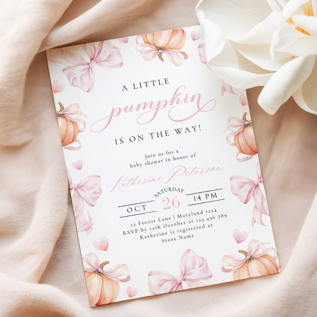 Little Pumpkin on the Way Pink Bow Baby Shower Invitation (Creator Uploaded)