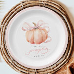 Little Pumpkin on the Way Pink Bow Baby Shower Paper Plates<br><div class="desc">This elegant and charming baby shower paper plates feature a beautiful watercolor illustration of a pumpkin with a delicate pink ribbon,  perfect for celebrating the upcoming arrival of a little one in the fall season.</div>