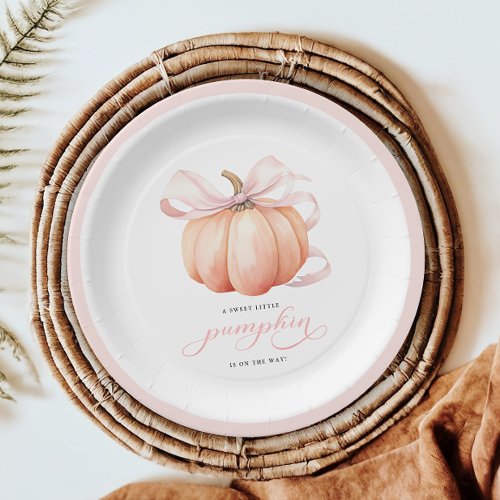 Little Pumpkin on the Way Pink Bow Baby Shower Paper Plates