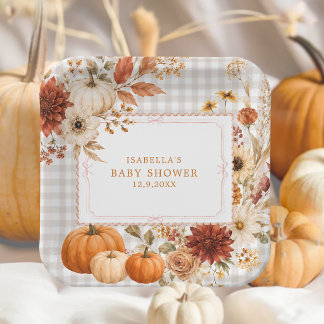 Little Pumpkin on the Way Pink Bow Fall Gingham Paper Plates