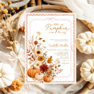 Little Pumpkin on the Way Pink Bow Fall Watercolor Invitation