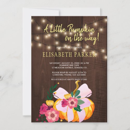 Little pumpkin on the way rustic baby girl shower invitation