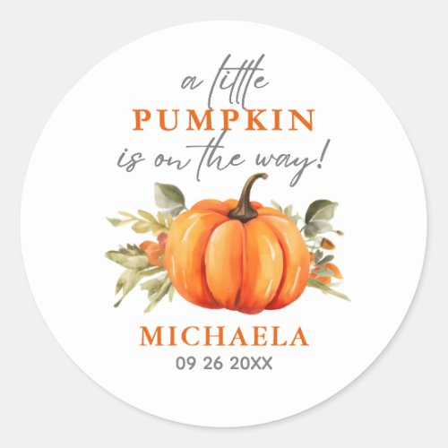 Little Pumpkin On The Way Watercolor Baby Shower Classic Round Sticker