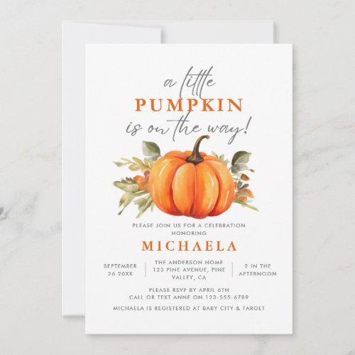 Little Pumpkin On The Way Watercolor Baby Shower Invitation