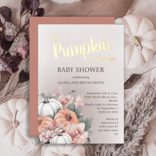 Little Pumpkin on Way Fall Autumn Baby Shower Foil Invitation