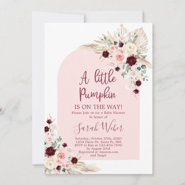  Little pumpkin pampas baby shower girl invitation (Front)