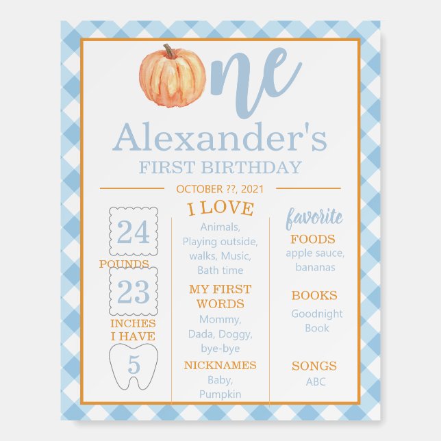 Little Pumpkin pastel blue 1st Birthday Milestone Foam Board (Front)