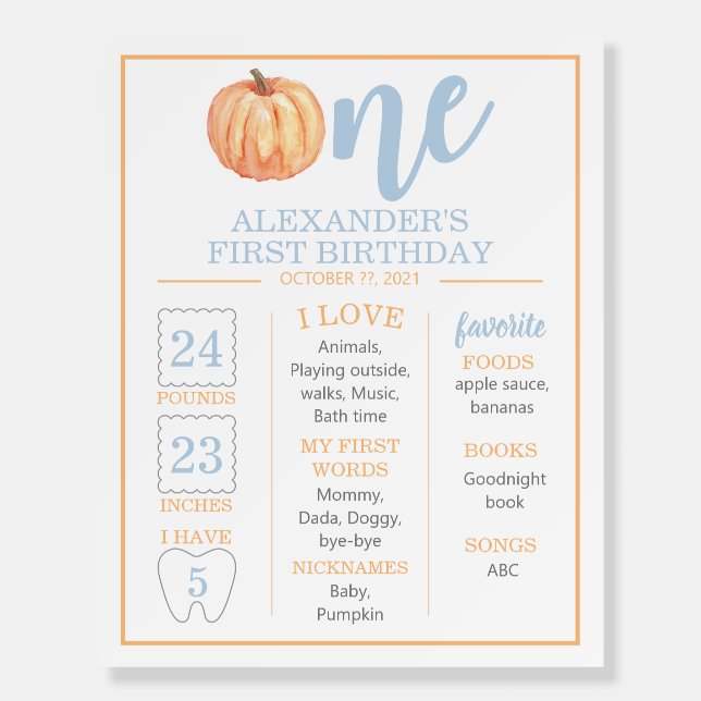 Little Pumpkin pastel blue 1ST Birthday Milestone Foam Board (Front)
