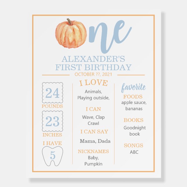 Little Pumpkin pastel blue 1ST Birthday Milestone Foam Board (Front)