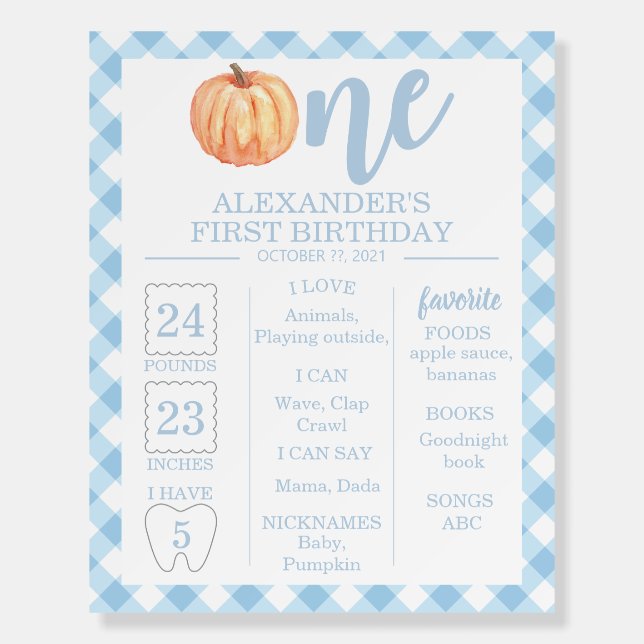 Little Pumpkin pastel blue 1ST Birthday Milestone Foam Board (Front)