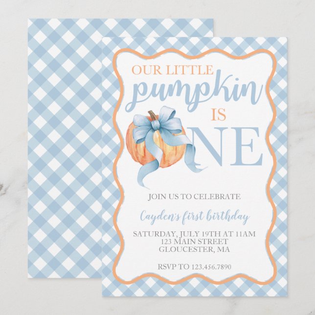 Little Pumpkin Pastel Blue Bow fall 1st Birthday Invitation (Front/Back)