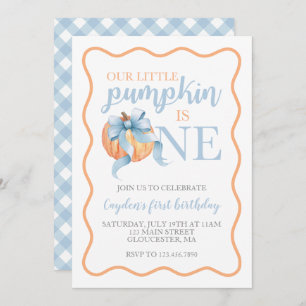Little Pumpkin Pastel Blue Bow fall 1st Birthday Invitation