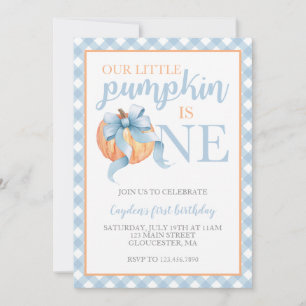 Little Pumpkin Pastel Blue Bow fall 1st Birthday Invitation