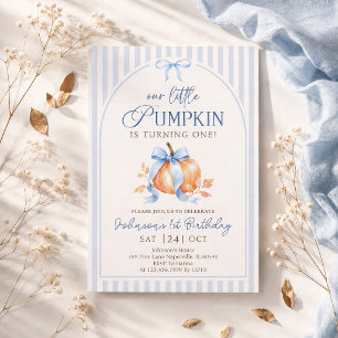 Little Pumpkin Pastel Blue Bow Fall Birthday Invitation