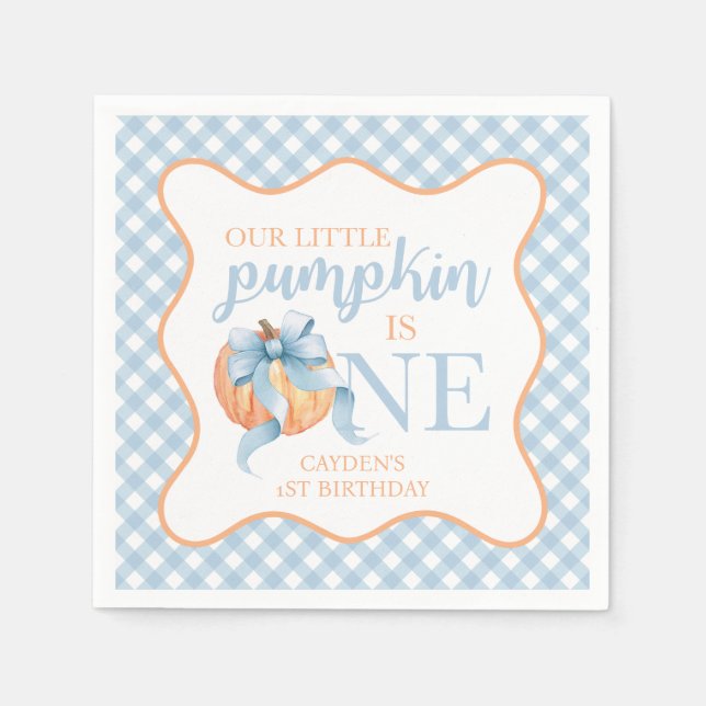 Little Pumpkin pastel blue bow plaid 1st birthday Napkins (Front)