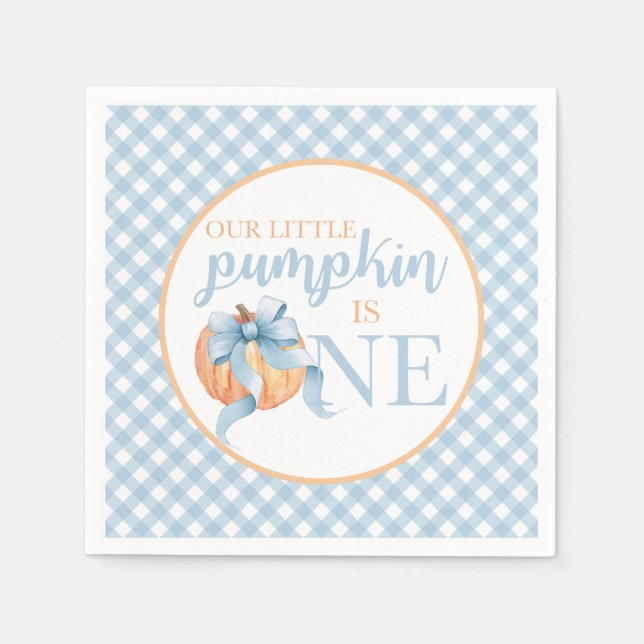 Little Pumpkin pastel blue bow plaid 1st birthday Napkins (Front)