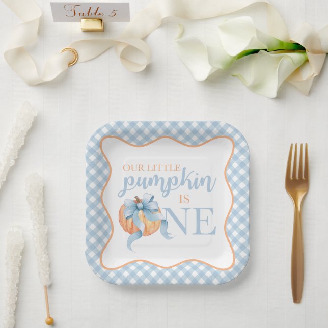 Little Pumpkin pastel blue bow plaid 1st birthday Paper Plates (Wedding)