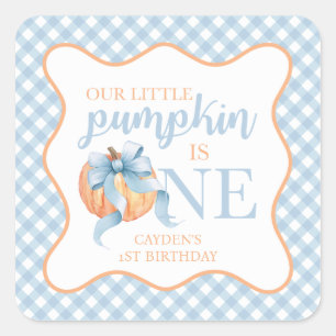 Little Pumpkin pastel blue bow plaid 1st birthday Square Sticker