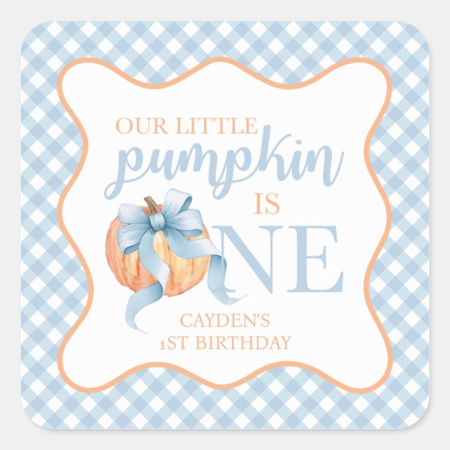 Little Pumpkin pastel blue bow plaid 1st birthday Square Sticker (Front)