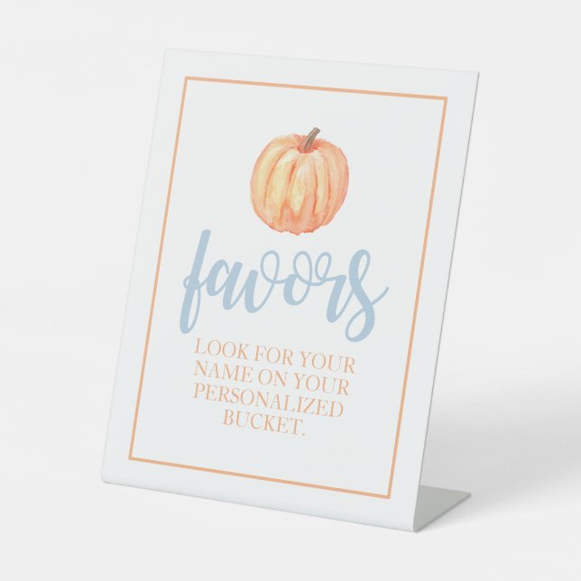 Little Pumpkin Pastel blue Fall Birthday Favor Pedestal Sign (Front)