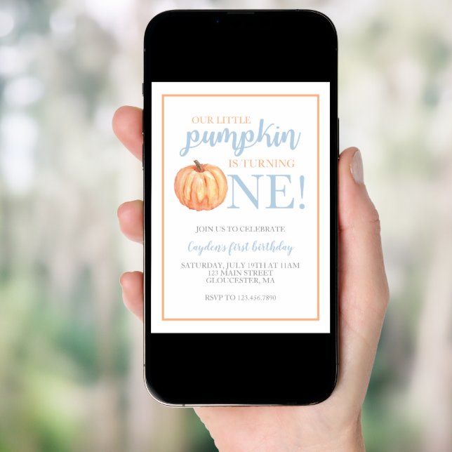 Little Pumpkin Pastel Blue Fall First Birthday Inv Invitation (Front Digital)