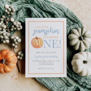 Little Pumpkin Pastel Blue Fall First Birthday Inv Invitation