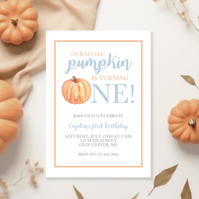 Little Pumpkin Pastel Blue Fall First Birthday Inv Invitation (Creator Uploaded)