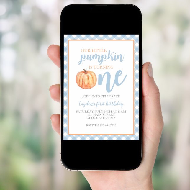 Little Pumpkin Pastel Blue Fall First Birthday Invitation (Front Digital)