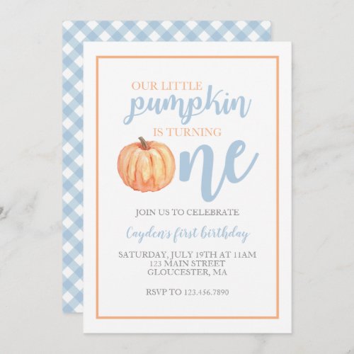 Little Pumpkin Pastel Blue Fall First Birthday Invitation