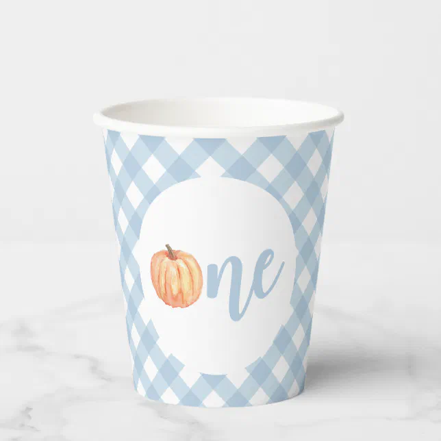 Little Pumpkin pastel blue plaid first birthday Paper Cups | Zazzle