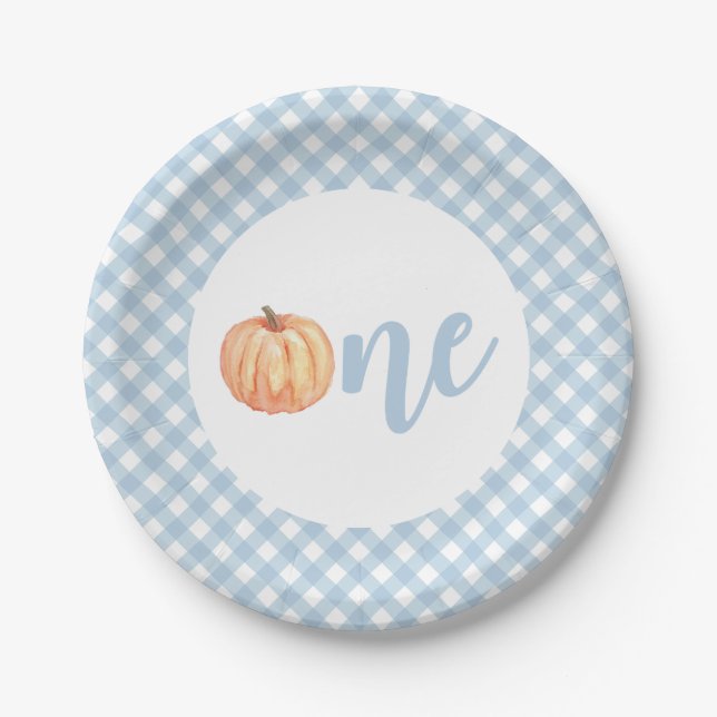 Little Pumpkin pastel blue plaid first birthday Paper Plates (Front)
