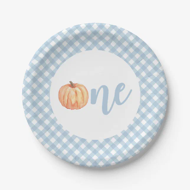 Little Pumpkin pastel blue plaid first birthday Paper Plates | Zazzle