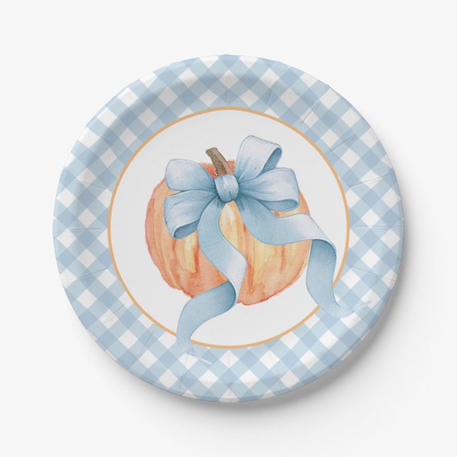 Little Pumpkin pastel blue plaid first birthday Paper Plates (Front)