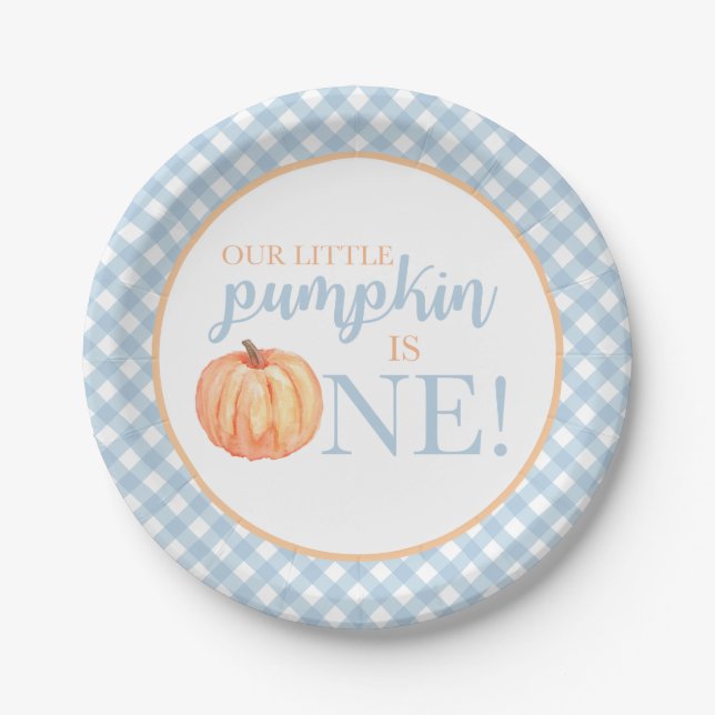 Little Pumpkin pastel blue plaid first birthday Paper Plates (Front)