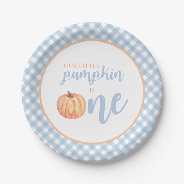 Little Pumpkin pastel blue plaid first birthday Paper Plates (Front)