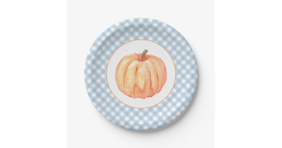Little Pumpkin pastel blue plaid first birthday Paper Plates | Zazzle