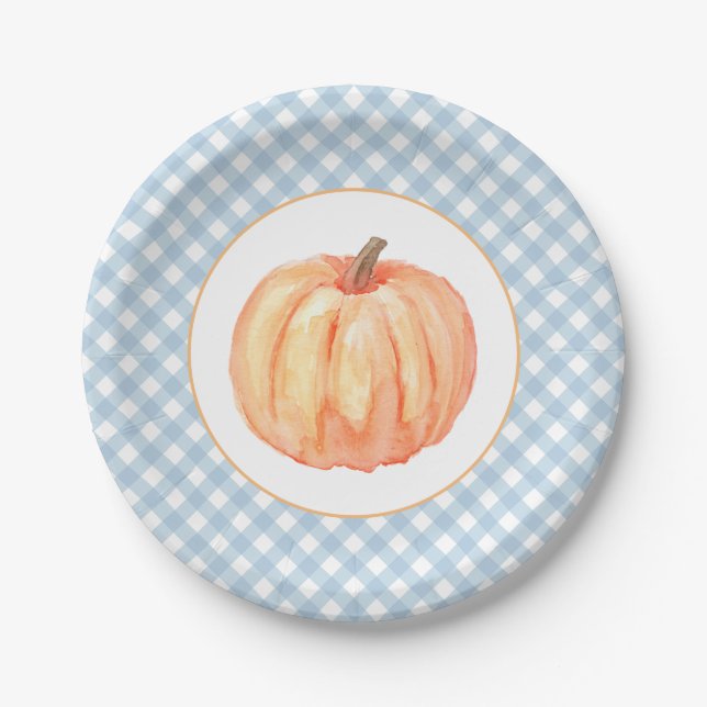 Little Pumpkin pastel blue plaid first birthday Paper Plates (Front)