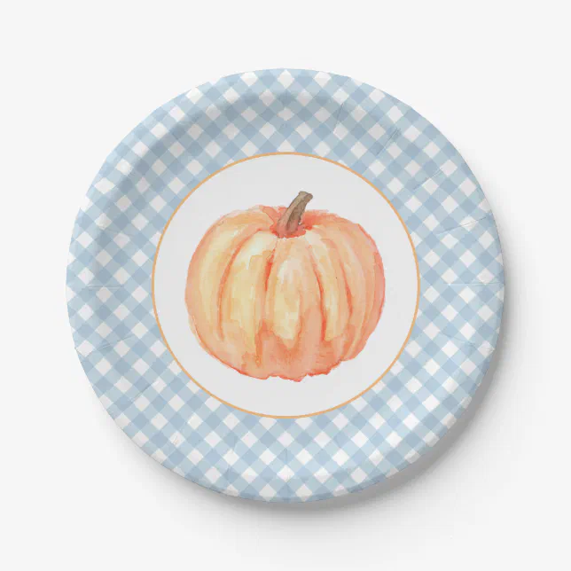Little Pumpkin pastel blue plaid first birthday Paper Plates | Zazzle