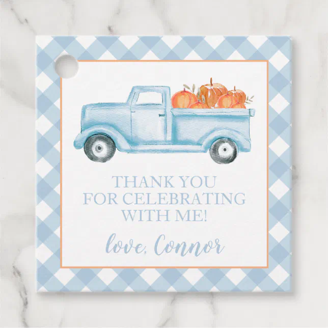 Little Pumpkin Pastel Blue truck first birthday Favor Tags | Zazzle