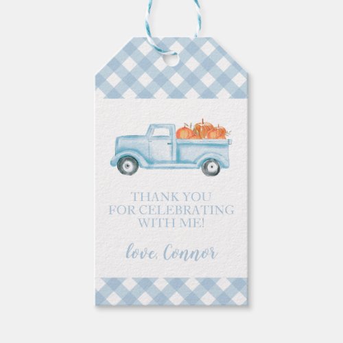 Little Pumpkin pastel blue truck  first birthday Gift Tags