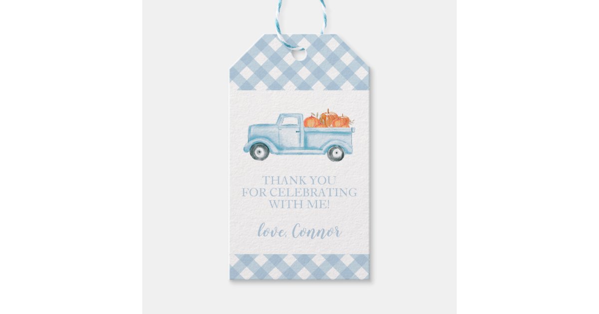 Little Pumpkin pastel blue truck first birthday Gift Tags | Zazzle